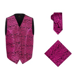 Oliver George Mens 3pc Formal Waistcoat Suit Dress Vest Floral Paisley and Necktie Pocket Square Wedding Set, Fuchsia Pink, Large