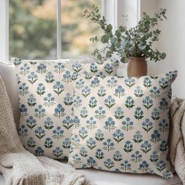 Wnoesat Floral Pillow Covers 18x18 Set of 2 Blue Green Block Print Throw Pillow Cases Vintage Flower Pattern Pillowcases Spring Summer Rustic Outdoor Cushion Covers for Farmhouse Sofa Couch Decor