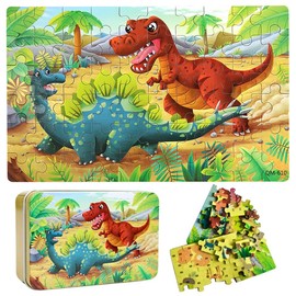 Havefunfun Wooden Puzzles for Ages 4-6, Educational Puzzles Toys for Kids, Jigsaw Puzzles in Metal Box, 60 Piece Puzzle Toys for Girls and Boys, Puzzle Gifts for Kids (Dinosaur)