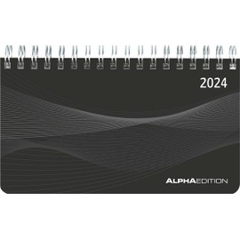 Horizontal Calendar Mini PP Cover Black 2024 - Office Planner 15.6 x 9 cm - Table Calendar - 1 Week 2 Pages - Ring Binding - Alpha Edition