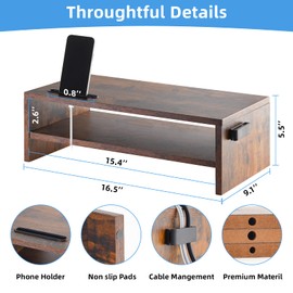 Marbrasse Monitor Stand Riser, 16.5 Inch 2 Tier Computer Monitor Stand, Printer Shelf Stand for Laptop Computer Screen Storage, Desktop Stand with Phone Holder and Cable Management (Vintage)