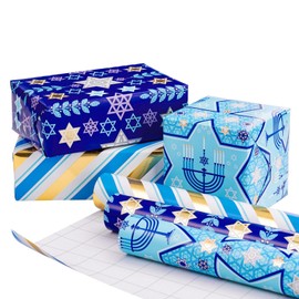 RUSPEPA Hanukkah Wrapping Paper Roll with Metallic Foil Shine - Mini Roll - 17 inches x 10 feet per Roll, Total of 3 Rolls - Blue Menorah, Star of David and Stripe