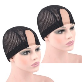 2 Pcs 1.4X3 Inch U Part Wig Cap for Making Wig Medium Brown Lace Wig Cap Dome Mesh Stretch Weaving Wig Caps for Women (Medium,Black)