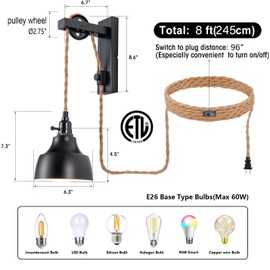 ALAISLYC 8FT Plug in Wall Sconces Pulley Wall Lamps Vintage Hanging Light Fixture Wall Lights with Plug in Cord On/Off Switch Set of Two Black Wall Lamp for Bedroom, Living Room and Hotel