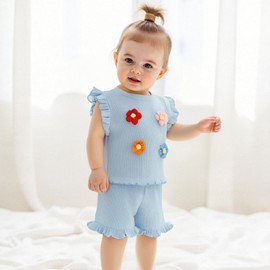 Toddler Girls Shorts Set Summer Sleeveless 3D Flower Tank Top and Shorts Summer T-Shirt 2-piece Outfit Clothes (Blue, 6-12 Months)