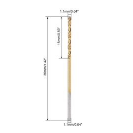 sourcing map High Speed Steel Straight Shank Twist Drill Bit Fully Ground Titanium Coated 1.1mm Drill Diameter 36mm Total Length 15mm Drill Bit Length 12 Pcs