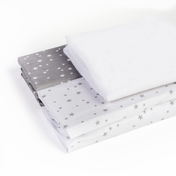 Set of 2 Fitted Sheets + 1 Mattress Protector 50 x 83 cm Waterproof Oeko Tex 100% Cotton Compatible with Next2me, Lullago, Safety First (Grey / White Stars)