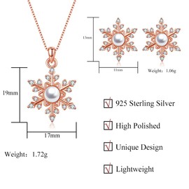 Kamise Xmas Women's Jewellery Sets, 925 Sterling Silver Snowflake Pendant Necklace & Stud Earrings with Pearl Zirconia, Rosegold Christmas Jewellery Set for Winter Christmas Birthday with Gift Box