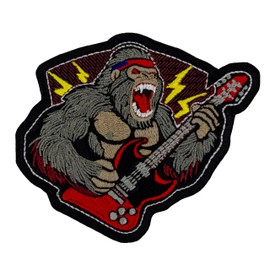 Angry Gorilla Playing Electric Guitar Embroidered Patch Iron On, Size: 3,5 x 3,5 inches.