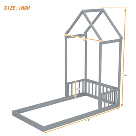 Bellemave Twin Size Floor Bed for Kids, Montessori House Bed Frame with House Shape Roof and Semi-Fence, Wood Floor Bed for Boys, Girls, Low to Ground Height, Gray