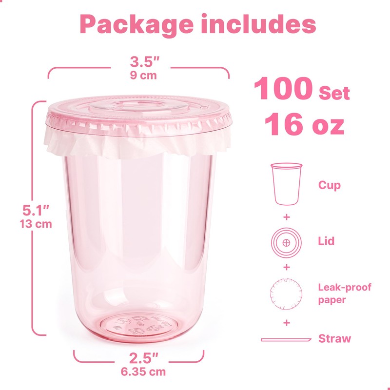 100 Pack Pink Plastic Cups with Lids and Straws 16
