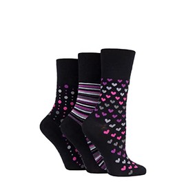 Gentle Grip SOCKSHOP Ladies Soft Top Patterned and Striped Soft Breathable Bamboo Socks in a Multipack of 3 Black/Berry 4-8