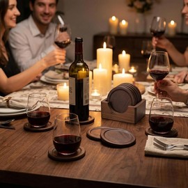 Mu&Ti Classic Walnut Dark Coaster Set of 6 Pieces. Including The Holder Pure Natural Wood and Texture. Wonderful Decor for Dining Tables and Office Tables
