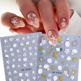 CharmeFleur 5D Embossierte Strand Nagel-Sticker 2 Stück Meeres Nagel-Aufkleber Weiß Gold Muschel Seestern Conch Sommer Sticker Selbstklebend