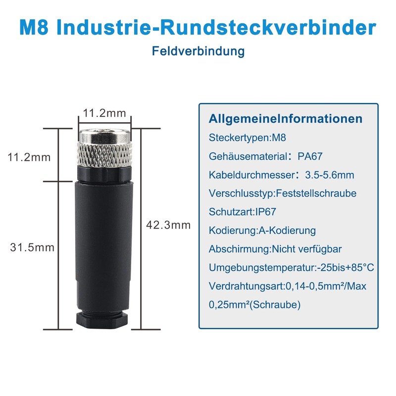 Lonlonty M8 Socket (4 Pin, A-Coding), Field Assembled Circular Connector,