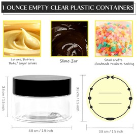 TUZAZO 1 Oz Small Plastic Container Jars with Lids and Labels BPA Free, Empty Round Clear Cosmetic Containers Plastic Slime Jars for Lotion, Cream, Ointments, Samples, Makeup, Travel Storage (12 Pack)