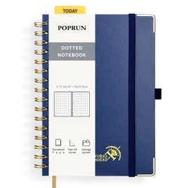 POPRUN Spiral Dotted Journal Notebook [A5-5.75'' x 8.25''] - 120 GSM Thick Paper, 141 Numbered Pages, Hardcover for Men & Women with Pocket, Index Tabs, 8 Perforated Sheets, Navy Blue