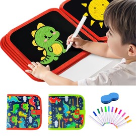 AUOQZ 2Pcs Erasable Doodle Book with 12 Colors Pens Dinosaur Pattern Magic Graffiti Erasable Drawing Books Writing Pad Portable Reusable Colouring Drawing Board for School Home (Red + Green)