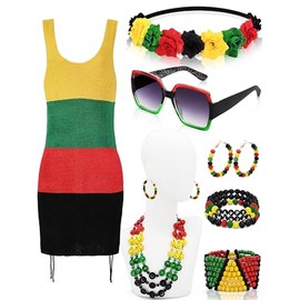 9 Pcs Womens African Attire Set Jamaican Cover Ups African Beach Outfits Juneteenth Crochet Dress Rasta Swimsuits Flower Crown Necklace Earrings Bracelet Square Sunglasses for Summer