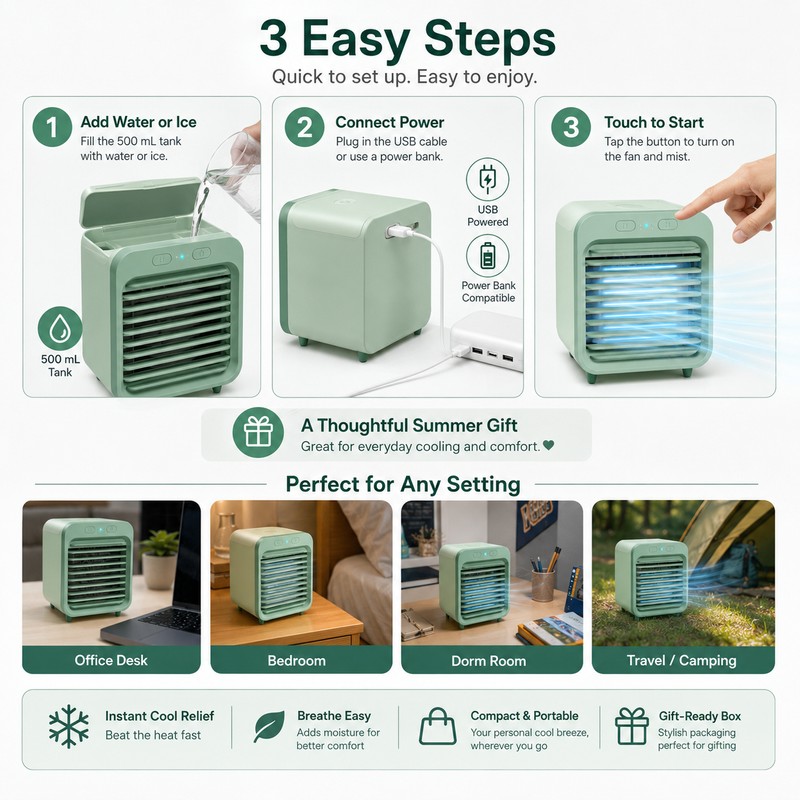 Portable Mist Cooling Fan for Desk – USB Rechargeable Mini