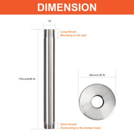HarJue Ceiling Mounted Shower Arm, Rain Extension Arm with Flange and Teflon Tape, Stainless Steel Mount Extender for Fixed Head (6 Inch, Brushed Nickel)