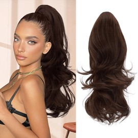 MOCA HAIR Ponytail Extension,Medium Brown 18 Inch Claw Clip Ponytail Extension, Soft Wavy Curly Clip on Ponytails for Women Heat Resistant Synthetic Hairpiece for Daily Use