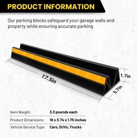 HOXWELL 2 Pcs 18'' Parking Car Wheel Stopper for Garage with 2 Installation Methods, Heavy Duty Tire Stops with Reflective Tapes, Car Parking Aids for Garage, Easy to Install