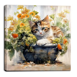 LAIART Cute Cat Wall Art Orange Flowers Canvas Print Picture Farmhouse Wall Decor (cat, 12.00" x 12.00")