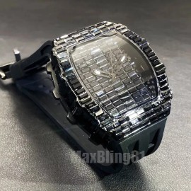 MaxBling81 Men Hip Hop Watch Iced Bling Black Baguette Stone Silicone Band Luxury Fashion