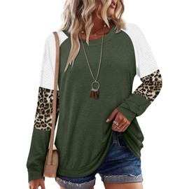 onlypuff Striped Sweatshirt for Women Color Block Shirt Green Leopard Tunic Tops XL