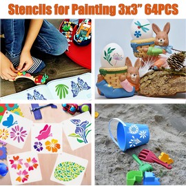 Stencils for Painting, 64pcs 3 Inch Stencils for Crafts Reusable Rock Painting Stencils Plastic Reusable Stencils for Painting on Wood Wall Tile Home Decor