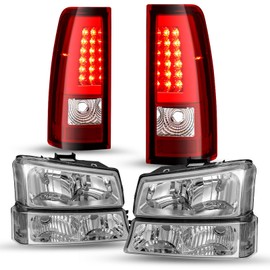 SOCKIR 6pcs Halogen Headlight & LED Tail Light Assembly for 2003-2006 Chevy Silverado 1500 2500 HD 3500 / Avalanche, 2007 Silverado Classic w/Bumper Lights Chrome Housing