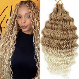 24 Inch Ocean Wave Crochet Hair 6 Packs Deep Wave Braiding Hair Curl Crochet Synthetic Braids Hair Extension for Women (27/613#, 24 Inch 6 Packs)