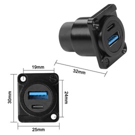 XMSJSIY USB 3.0 Type-C D-Type Panel Mount Coupler USB 3.0 A/Type C 20V3A 60W Female to Female Solderless Connector Chassis Panel Socket Data Transmission Extension Adapter (D-Type)