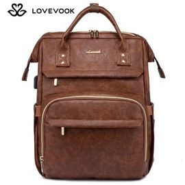 LOVEVOOK Fall Vegan Leather Laptop Backpack with USB Port for Women - College, Business, Work, Teacher, Travel, School Backpack，Back to School:_Vintage Brown_17.3" - 17.5"L x 12.5"H x 8"W