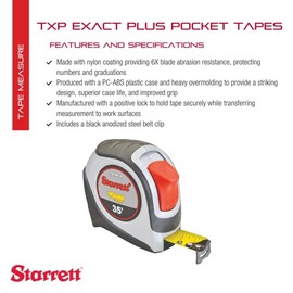 Starrett Exact Plus Retractable Imperial Pocket Tape Measure with Nylon Coating, Self Adjusting End Hook, and Black Anodized Steel Belt Clip - 1.06" Width, 35' Length - KTXP106-35-N
