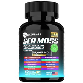 TM NATURALS Sea Moss with Black Seed Oil, Vitamin C, Ashwagandha and Turmeric for Immune Support and Energy Booster - 120 Vegan Capsules with Two Free Pill Box