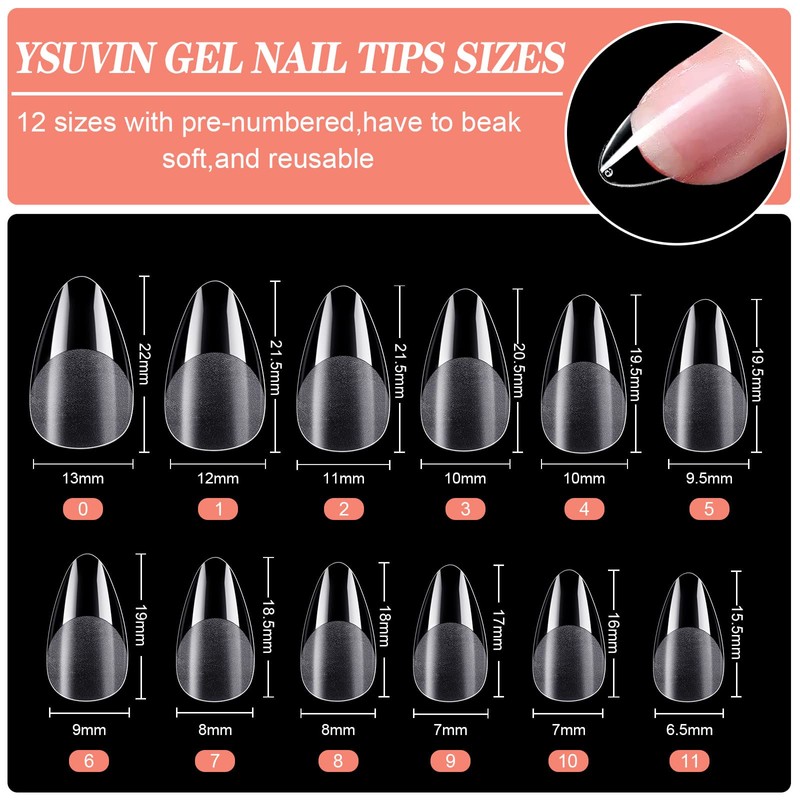 YSUVIN Almond Nail Tips, Pack of 240 Fake Nails, Transparent,