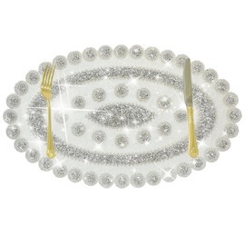 Sparkling Silver Diamond Placemats Bling Oval Place Mat Heat Elegant Table Decor for Weddings, Holidays, and Special Events (15x9 Inch)