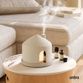 Umbra Casita Diffuser in Sand – Aromatherapy Essential Oil Diffuser with LED Light, Multiple Mist Settings, Automatic Shut-Off, Hidden Storage for Oils, Concrete & Melamine Design for Modern Homes