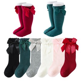 6-Pack Baby Girls Knee High Socks, Infant Toddler Bow Stockings Ruffle Knee High Socks Newborn Girls Long Stocking Socks Tube Ruffled Dress Socks Soft Cotton Princess Frilly Socks