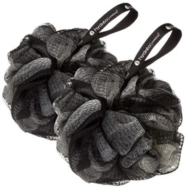 Hydrea London Shower Puffs - Pack of 2 Exfoliating Body Scrubber for Men & Women - Face & Body Cleansing Shower Scrub - Ultra-Soft, Large, & Vegan Bath Scrunchie - Bathing Buffers, Black & Cream