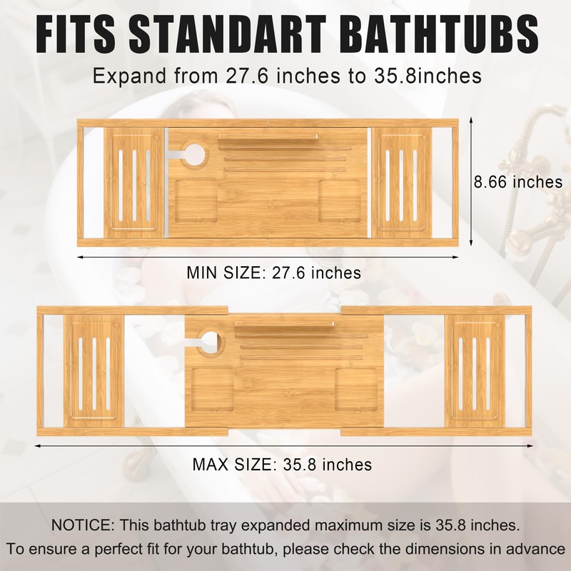Bathtub Tray Caddy,Premium Bamboo Expandable Bath Tub Trays Table, Foldable