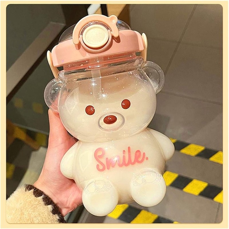 Bear Water Bottle with Straw Kawaii Cute Adjustable and Removable