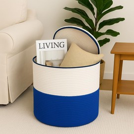 WAYIDEAL Cotton rope Storage Basket with Lid-Durable Woven Organizer with handles, Woven baskets, Multi-Purpose Storage Basket for Living Room,Closet or office(14x13 inches) (Blue+White)