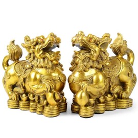 Feng Shui pi yao Brass Statue a pair Wealth pixiu sculpture Golden Home Decoration Figurine,Attract money and Good Luck