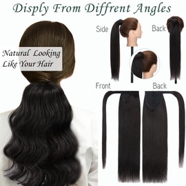 S-noilite Wrap Around Ponytail Extension Human Hair #1B Natural Black Ponytail Extensions Real Remy Hair 18inch Long Straight Clip in Human Hair Ponytail 90Grams