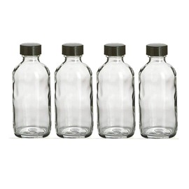 Perfume Studio® 4oz Essential Oil Glass Bottles - Pack of 4 Boston Round Glass Bottles with Black Cap - Complimentary Perfume Sample Vial (Clear Glass)