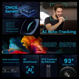 TONGVEO 3X Optical Zoom PTZ Camera AI Auto-Tracking HDMI USB 3.0 1080P 60fps Wide-Angle for Video Conference Business Meeting Live Streaming Online Learn with Zoom YouTube Teams OBS and More