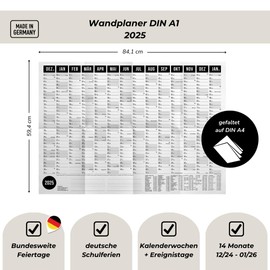 heaven+paper Year Planner 2025 A1 Wall Calendar 2025 Large (+ 80 x 60 cm) Folded with 14 Months Calendar 2025 Wall Planner with Holidays, School Holidays, Calendar Weeks Germany (Black, A1/Landscape